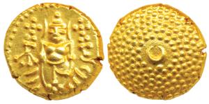Gold Pagoda, 3.4g, obv. Lord Vishnu standing, facing front, rev. crescent with a dot below