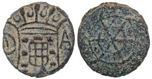 Damao, Joao V (1706-1750 AD), Tin 5 Bazarucos, 5.4g, obv. crowned arms divide D A, rev. di