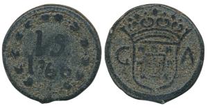Goa, Jose (1750-1777 AD), Tin 15 Bazarucos, obv. crowned arms divide divide GA , rev. deno