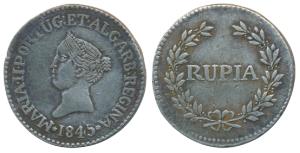Goa, Maria II (1834-1853 AD), Silver Rupia, 1845, value within sprays on rev. (KM 273). Ve