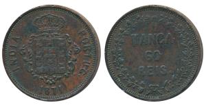Goa, Colonial Issues, Copper 60 Reis or Tanga, 1871 (KM 306). Extremely Fine, Rare.
