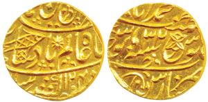 Muhammadabad Banaras Mint, Gold Mohur, 10.8g, in the name of Shah Alam II, fish, sun-burst