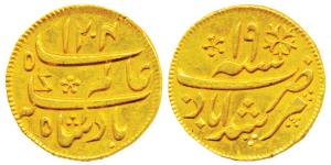 Murshidabad Mint, Gold ¼ Mohur, 3.1g, in the name of Shah Alam II, AH 1204/19, oblique mil