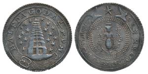 Silver ½ Pagoda, 2nd issue, 1808, value in English and Persian on ribbon around Gopuram on