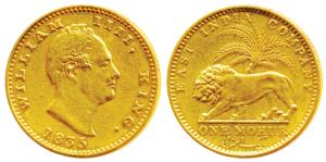 William IV, Gold Mohur, 1835, Bombay Mint, no initial on truncation, lion and palm tree on