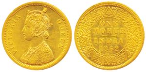 Victoria Queen, Gold Mohur, 11.77g, 1862, single flower in bottom panel of jabot, without 