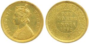Victoria Queen, Gold Mohur, 11.77g, 1862, single flower in bottom panel of jabot, without 