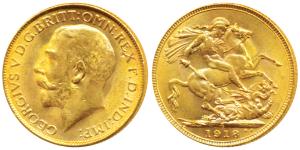 George V, Gold Sovereign, 8g, Bombay Mint, 1918, ‘I’ mint mark for India on rev. (KM 525A)