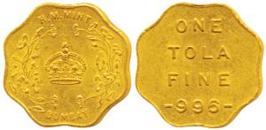Bombay Mint, Token, Gold 1 Tola, 11.65g, H M Mint, crown within wreath and Bombay below on