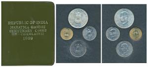 1969 Uncirculated Set, Gandhiji Birth Centennial, set of 4, 20 Paise to Rupees 10. In imma