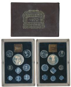1972 Proof Set, 25th Anniversary Indian Independence, set of 9, 1 Paisa to Rupees 10. In i