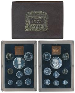 1972 Proof Set, 25th Anniversary Indian Independence, set of 9, 1 Paisa to Rupees 10. In i