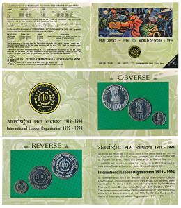 1994 Uncirculated Set, World of work, set of 3, Rupees 5 to 100. In immaculate condition, 