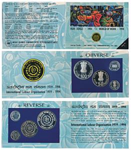 1994 Proof Set, World of work, set of 3, Rupees 5 to 100. In immaculate condition, within 