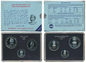1997 Uncirculated Set, Subhas Chandra Bose Centenary, set of 3, Rupees 10 to Rupees 100. I