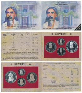 1998 Proof Set, Sri Aurobindo, set of 4, Rupees 2 to 100. In immaculate condition, within 