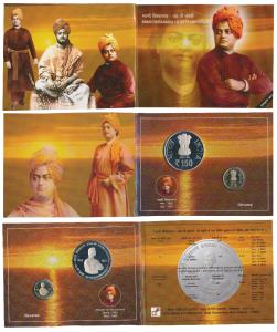 2013 Proof Set, 150th Birth Anniversary of Swami Vivekananda, set of 2, Rupees 5 and 150. 