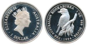 Australia, Queen Elizabeth II, Silver (Dollar) $1, 31.1g, 1oz, 1994, Kookaburra bird on re