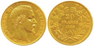 France, Napoleon III, Gold 20 Francs, 6.5g, 1856 A, Paris Mint, obv. bare head variety, (K