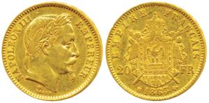 France, Napoleon III, Gold 20 Francs, 6.47g, 1863 BB, Strasbourg Mint, obv. laureate head,