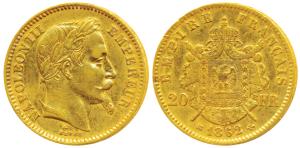 France, Napoleon III, Gold 20 Francs, 6.5g, 1869 A, Paris Mint, obv. laureate head, (KM 80