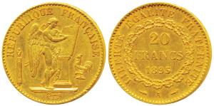 France, Gold 20 Francs, 6.44g, 1895A, obv. standing winged Genius writing the constitution