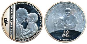 France, Mother Teresa, Silver 10 Euros, 2010, Mother Teresa holding a child on obv., with 