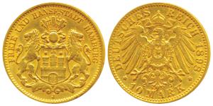 Germany, Hamburg, J Jaeger, Gold 3.94g, 10 Mark, 1898 (KM 292). Extremely Fine, Scarce.