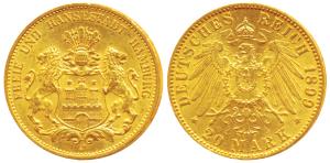 Germany, Hamburg, Gold 20 Mark, 8g, 1899 J, obv. coat-of-arms, rev. crowned eagle facing h