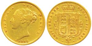 Great Britain, Victoria Queen, Gold ½ Sovereign, 4g, 1872, Young head, Shield on rev. (KM 