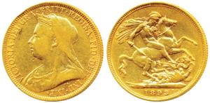Great Britain, Victoria Queen, Gold Sovereign, 8g, 1893, veiled head, St. George slaying a