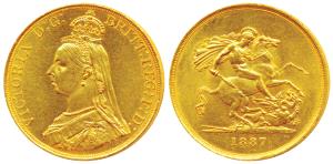 Great Britain, Victoria, Gold 5 Pounds, 40g, 1887, Jubilee head, St. George slaying a drag
