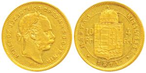 Hungary, Franz Joseph I, Gold 4 Forint / 10 Francs, 3.2g, 1871, shield on rev. (KM 467). A