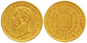 Italy, Vittorio Emanuele II, Gold 20 Lire, 6.42g, 1861, (KM10.1). Very Fine+, Rare.