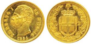 Italy, Umberto I, Gold 20 Lire, 6.45g, Rome Mint, 1881, star above crowned shield within w