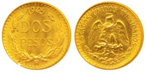 Mexico, Gold Dos or 2 Pesos, 1.68g, 1945, eagle holding a snake in its beak (KM 461). Unci