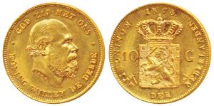 Netherlands, Willem III, Gold 10 Gulden, 6.75g, 1875, old head to right, rev arms. (KM 105