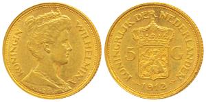 Netherlands, Wilhelmina Gold 5 Gulden, 3.33g, 1912. (KM151). A popular one year type, Very