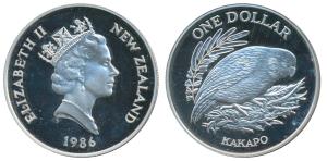 New Zealand, Elizabeth II, Silver (Dollar) $1, 27.21g, 1986, Kakapo bird on rev. (KM 57A).