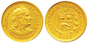 Peru, Gold 1/5 Libra (Pound), 1.6g, 1923, Trade Coinage, struck at Lima, rev. rev. coat of