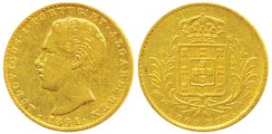 Portugal, Luis I, Gold 2,000 Reis, 3.45g, 1864 (Gomes 13.03, KM 511, Fr 151). About Very F