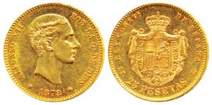 Spain, Alphonso XII, Gold 25 Pesetas, 8g, Madrid Mint, 1878 (KM 687). Nice mint luster, Ex