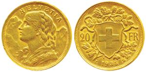 Switzerland, Gold 20 Francs, 6.48g, Bern Mint, draped bust of Helvetia to left and the Swi