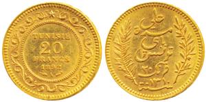 Tunisia, Gold 20 Francs, 6.4g, 1892, AH 1310 (KM 227). Extremely Fine, Rare.