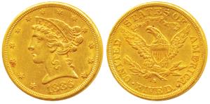 United States of America, Gold (Dollars) $ 5, 8.33g, 1886, Liberty head on obv., Motto abo