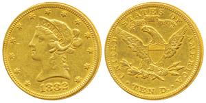 United States of America, Gold (Dollars) $10, 16.69g, 1882, Liberty head on obv., Motto ab