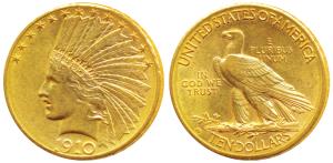 United States of America, Gold (Dollars) $10, 16.76g, 1910, Indian Head on obv. (KM 130). 