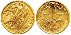 United States of America, Gold $5, 8.35g, 1987, Bicentennial of the Constitution (KM 221).