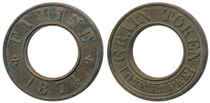 Famine Relief Grain Token, Brass Proof 1 Rupee, 5.2g, obv. Grain Token / One Rupee, rev. F