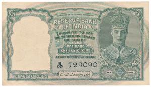 George VI, Rupees 5, 2nd issue, 1944, signed C. D. Deshmukh (J&R 4.1). Very Fine+.